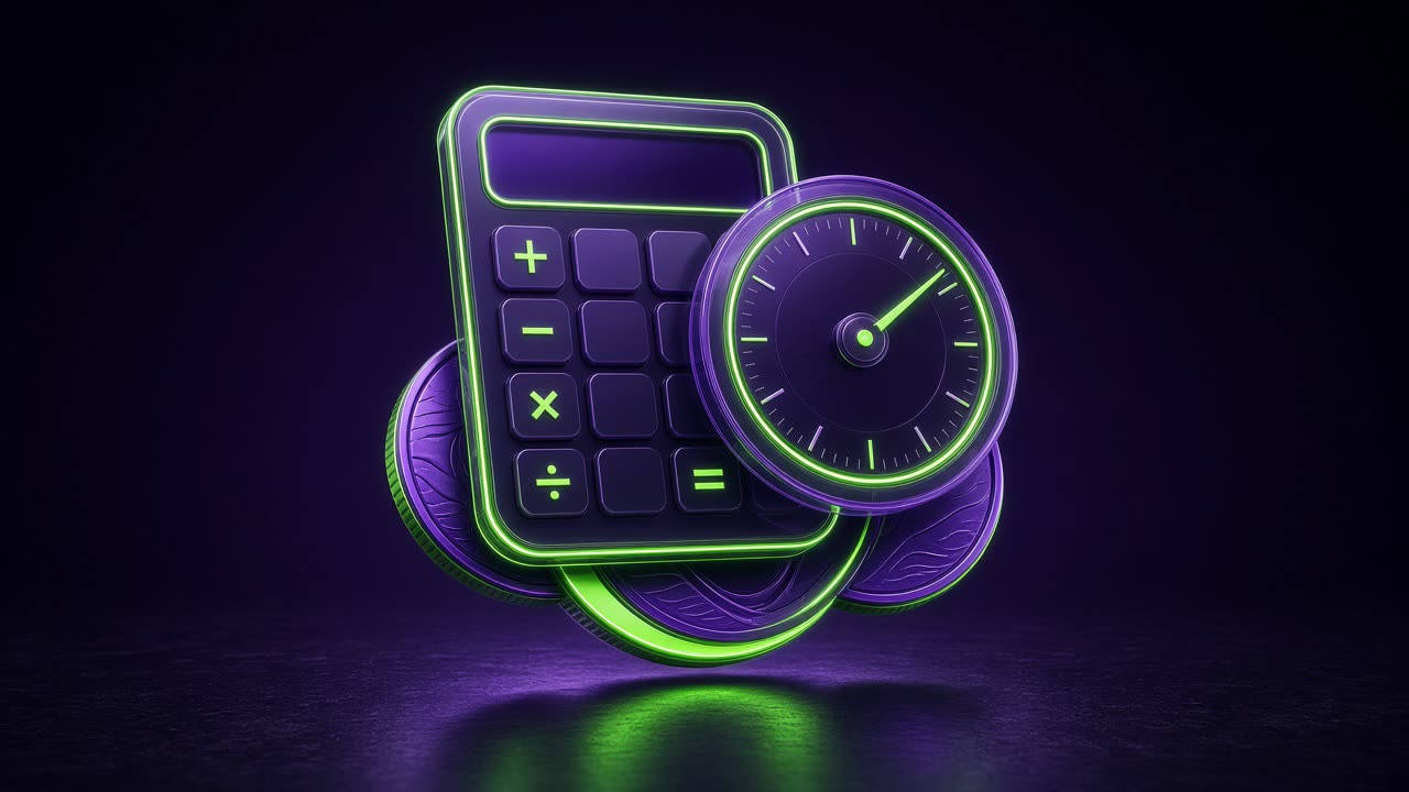 Ilustração de um ninja ao lado de uma calculadora e notas, em luz verde e roxa.