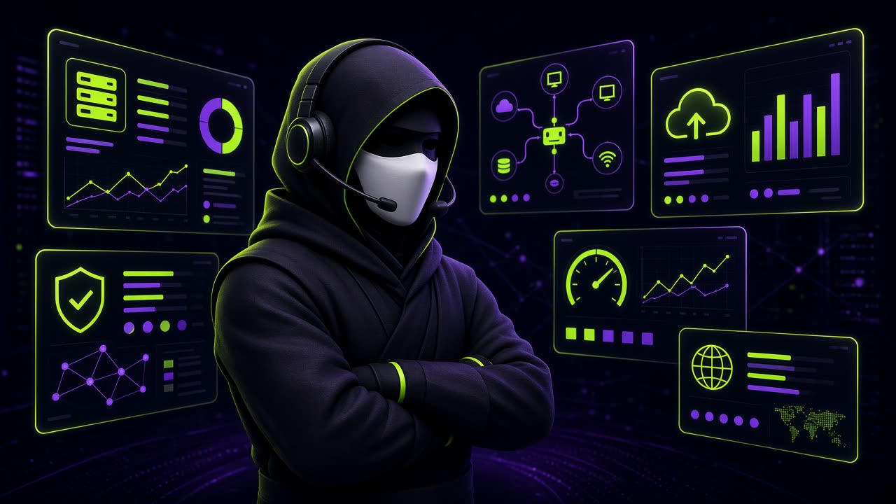 Ilustração de um ninja de capuz em uma sala de servidores, em luz verde e roxa.