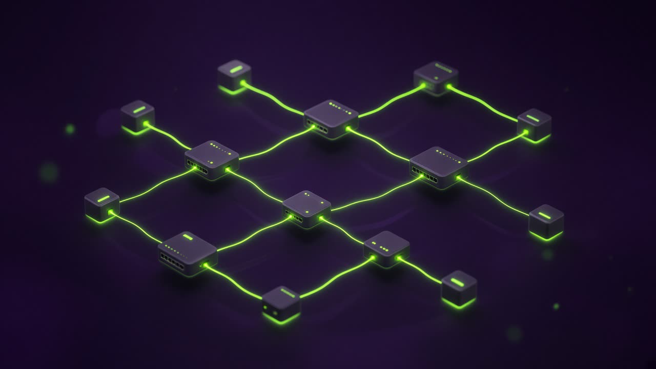Ilustração de um ninja de costas diante de cabos de rede, em luz verde e roxa.